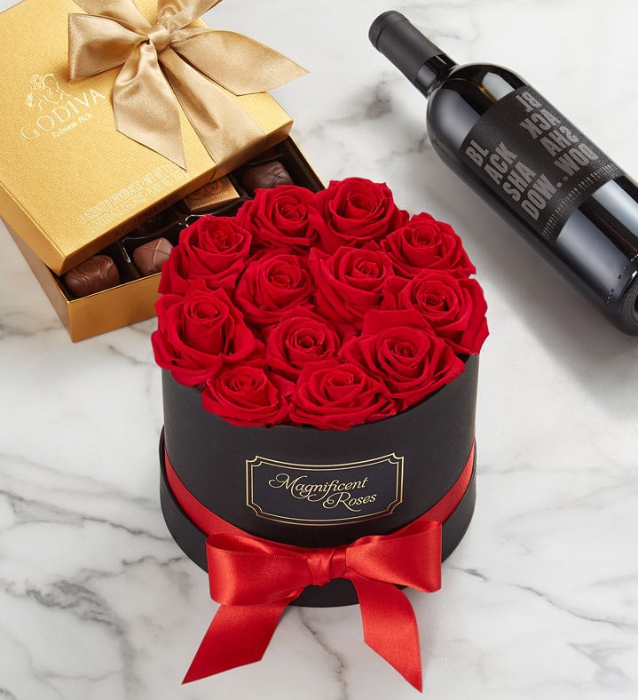 Magnificent Roses, Godiva Chocolates & Cabernet